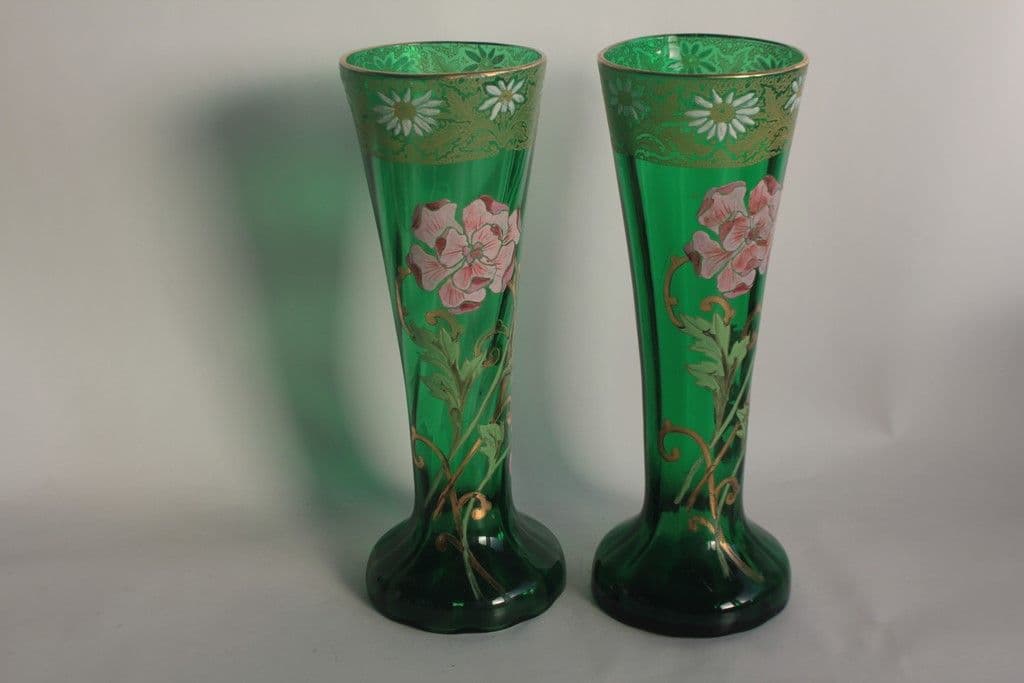 LEGRAS-MONTJOYE Paire Vases vert verre émaillé Fleurs Art Nouveau