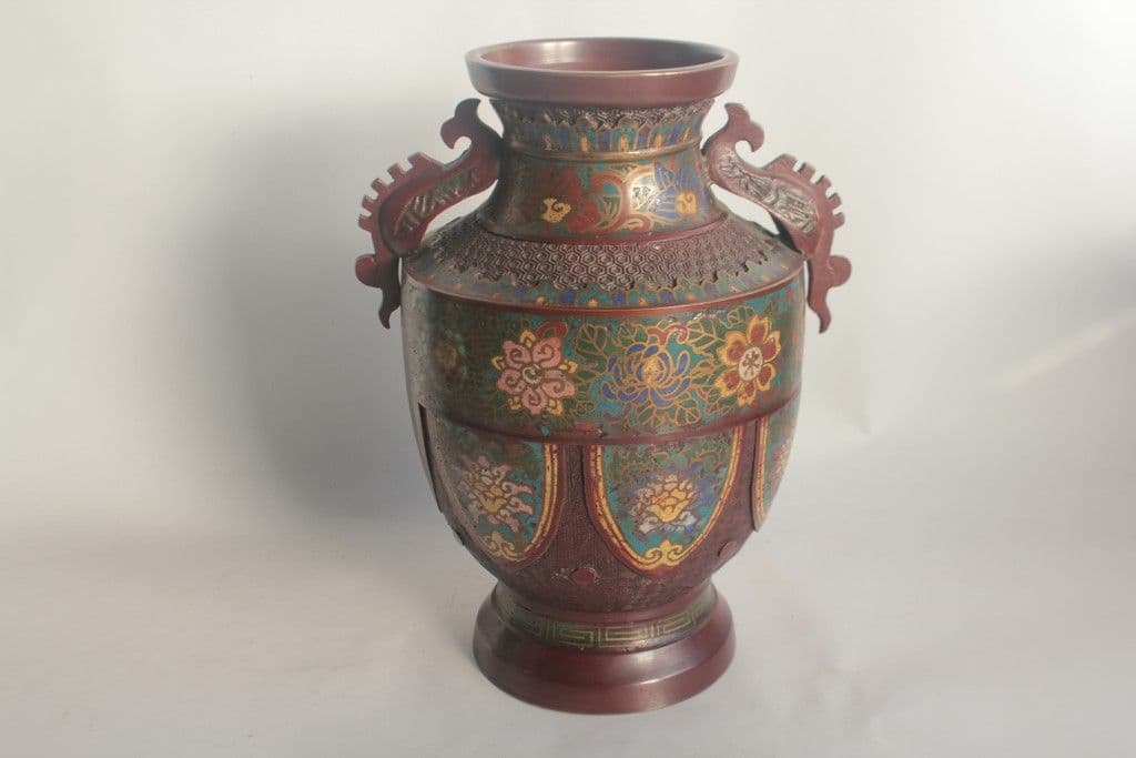 Ancien Vase bronze émaux champlevés Japon